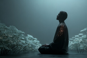 Exploration of transhumanism in a serene, futuristic landscape