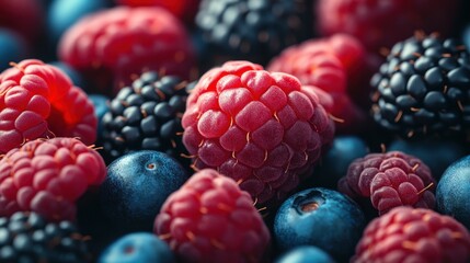 Vibrant array of summer berries showcasing rich red and blue hues with a glossy surface in stunning clarity suitable for a vibrant culinary backdrop