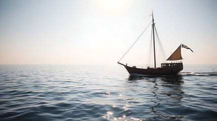 Ancient wooden ship sailing on calm sea under a bright sky.