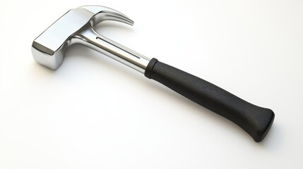 Steel claw hammer with a sleek black rubber handle resting diagonally on a bright white surface, illuminated with precise and crisp lighting for enhanced visual appeal