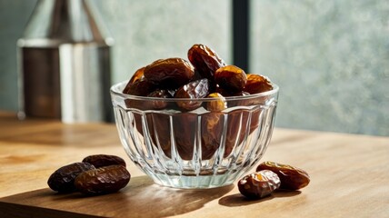 A glass bowl filled with dates, next to a glass of water.