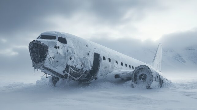 Crashed airplane fuselage stands eerily in the vast, frozen landscape, a haunting reminder of its past in the silent snow