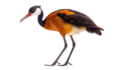 Jacana bird profile, orange body, black neck, long legs