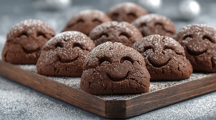 Fototapeta premium freshly baked chocolate cookies with smiling faces dusted with powdered sugar on a wooden tray.