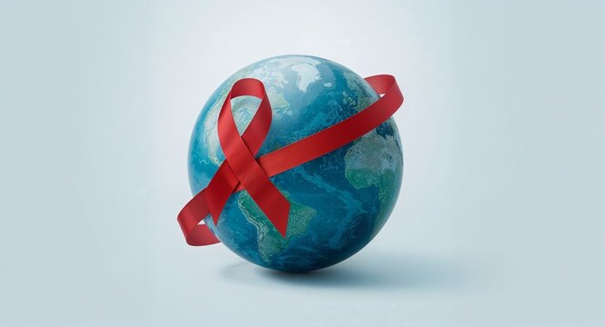 Earth globe wrapped with a red aids awareness ribbon on a light blue background studio shot - Powered by Adobe