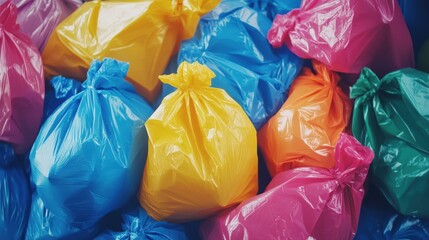 Vibrant collection of assorted plastic trash bags highlights recycling awareness with glossy colors and cinematic light contrast