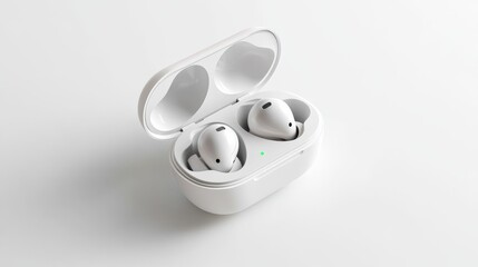 Experience seamless sound with realistic wireless earbuds nestled in their sleek charging case on a minimalist white backdrop