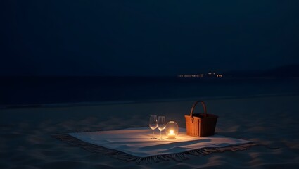 Nighttime Minimalist Beach Picnic — Elegant and Tranquil Atmosphere