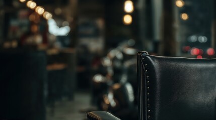Fototapeta premium Generative AI, Barbershop leather chair with warm bokeh lights