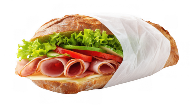 Sandwich with ham, cheese, lettuce, tomato, and cucumber slices wrapped in white paper is presented on a transparent background, making it easily adaptable for various design projects