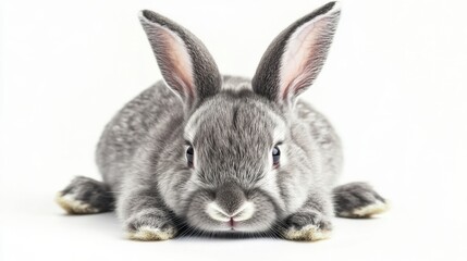 Calm gray rabbit resting on a soft white surface, showcasing exquisite fur details and a peaceful demeanor in a tranquil studio setting