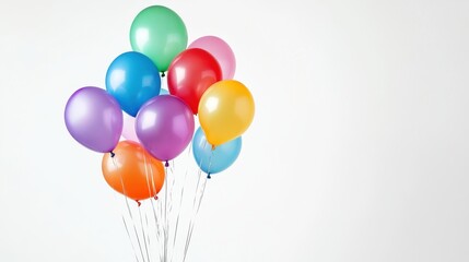 Colorful helium balloons gracefully float against a pure white backdrop, creating a vibrant and whimsical atmosphere perfect for celebrations and joyful moments