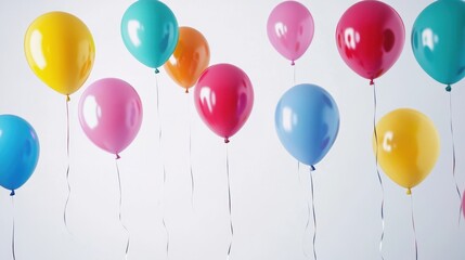 Colorful helium balloons drift gracefully against a pristine white background, creating a captivating display of vibrant hues and playful charm