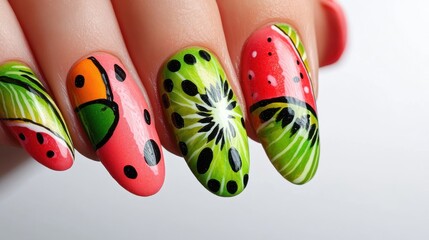 Vibrant tropical fruit nail art featuring watermelon and kiwi designs with bright shades and a pristine white background