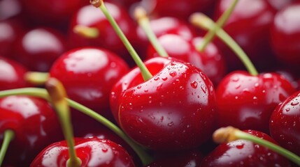 Lush cherry bounty showcases vibrant red hues and glossy textures, promising sweetness and freshness in every bite
