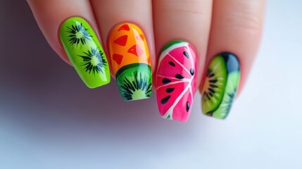 Colorful tropical fruit nail art featuring watermelon and kiwi designs on a clean white background, showcasing vibrant shades and intricate details