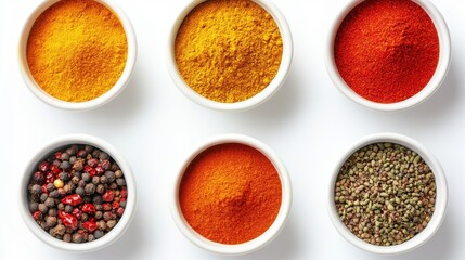 Vibrant display of colorful spices in round ceramic bowls captured from above on a clean white background showcasing culinary diversity and richness