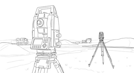 Theodolite Surveying Equipment on Tripod in Construction Site Landscape for Architecture Blogs, Engineering Websites, Surveying Education, and Technical Articles