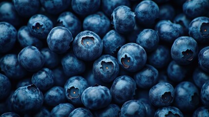 Tightly packed blueberries glistening with natural bloom showcase vibrant deep blue hues and soft textures, inviting a closer look at their rich, luscious appeal in ultra-realistic detail