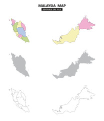 Malaysia map variations are colour coded by regions, solid grey silhouette and outlined with regional borders.	
