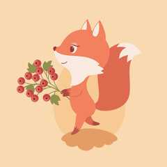 Cute fox walking with berries on peach background. Hand-drawn woodland animal illustration for kids and autumn greeting cards.