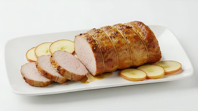 Juicy Pork Roast Tenderloin With Apple Slices Plated on White Ceramic With Golden Brown Crust and Succulent Interior on Solid White Background