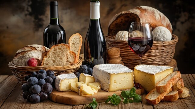 Still life of wine, bread, cheese, and grapes