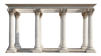 Obraz premium White marble columns with intricate capitals supporting a robust roof structure, forming a striking architectural element against a transparent background for classical design projects