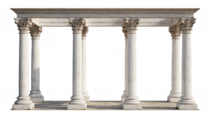 White marble columns with intricate capitals supporting a robust roof structure, forming a striking architectural element against a transparent background for classical design projects