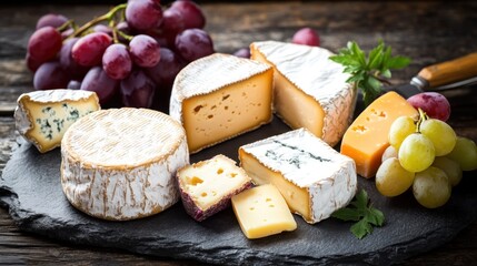 Assorted cheeses and grapes on slate board