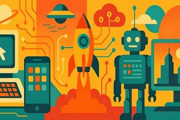 Retro Futuristic Technology Illustration – Robot, Rocket, and Circuits