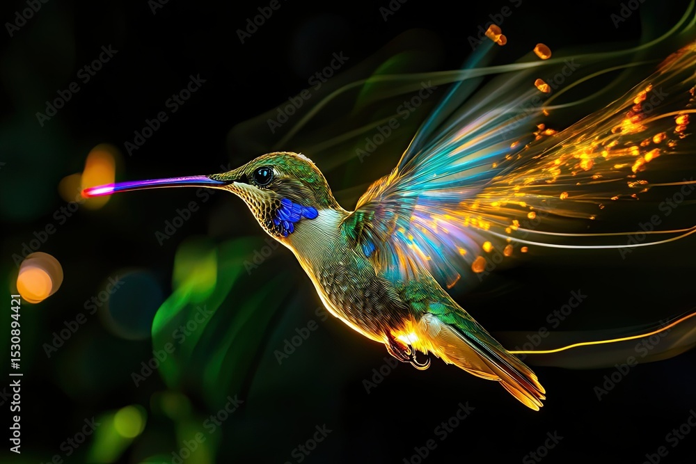 Poster hummingbird flight in an abstract style with radiant light streams and vivid colors