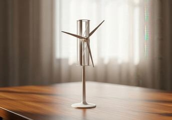 Minimalist vertical axis wind turbine on wooden table in sunlit room