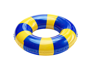 Blue and yellow inflatable ring with stripes on transparent background for summer fun