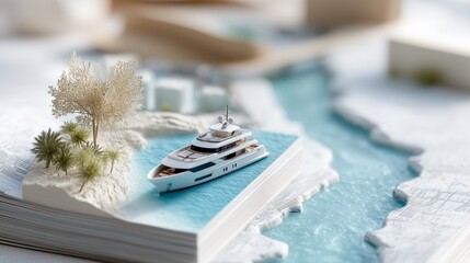 Luxury yacht on a miniature ocean scene, crafted from pages of a book. A serene escape.