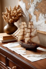 Intricate wooden sailboat model sits on a vintage map, adding a nautical touch to the home decor.