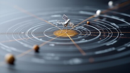 A futuristic spacecraft model sits at the center of a cosmic schematic, surrounded by miniature planets.