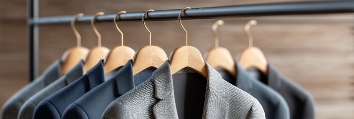Sharp suits hanging neatly on a clothes rack.  A stylish and professional image.