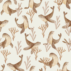 Underwater watercolor seamless pattern with sea lion. Marine pastel background. 