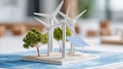 Miniature wind turbines and solar panel on a model landscape. Sustainable energy concept.