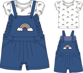 girls dungaree rainbow print illustrations vector art.eps