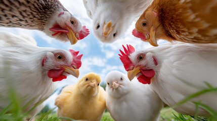 A group of chickens and chicks gather close, creating a whimsical scene.