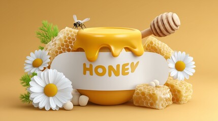Sweet honey pot with honeycomb and daisies. Dripping honey, bee, and wooden honey dipper.