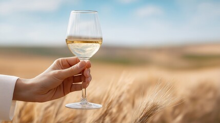 Woman's hand holds a glass of white wine against a golden wheat field.