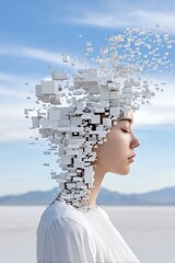 Serene woman with a digital mind, dissolving into white cubes against a bright sky.