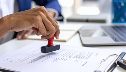 Close-up of hand using a red stamp on a legal document, indicating confirmation or validation in administrative work. business concept.