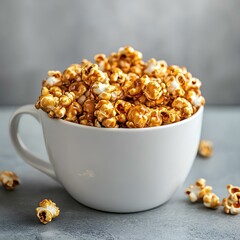Caramel popcorn in white cup on grey background