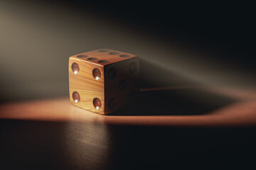 Wooden die with the numbers 1 through 6 on it. The die is sitting on a table in the sunlight beam. 3d render