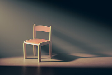 Small wooden child chair is sitting in the dark. The chair is empty and the room is dimly lit. The chair is positioned in such a way that it casts a shadow on the floor. 3d render
