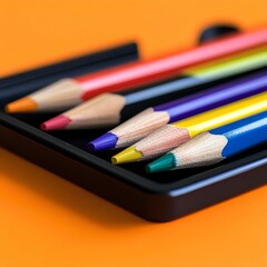 Naklejka premium Colored pencils in black tray on orange background